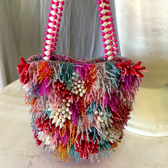 RARE Colorful Beaded Bag w/ Pearl Detail Strap, Anthropology Style, NWT - Picture 10 of 14
